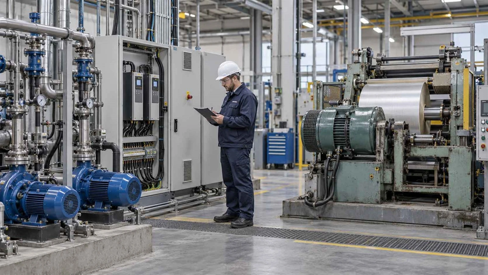 Modern pump system and legacy DC motor equipment inside an industrial facility Modern pump system and legacy DC motor equipment inside an industrial facility