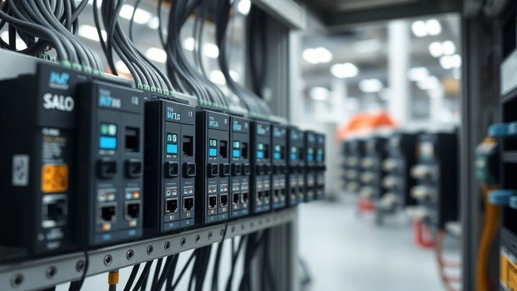Interior of a modern automation control cabinet with dark-grey PLC and IO modules on a DIN rail and neatly routed wiring Interior of a modern automation control cabinet with dark-grey PLC and IO modules on a DIN rail and neatly routed wiring